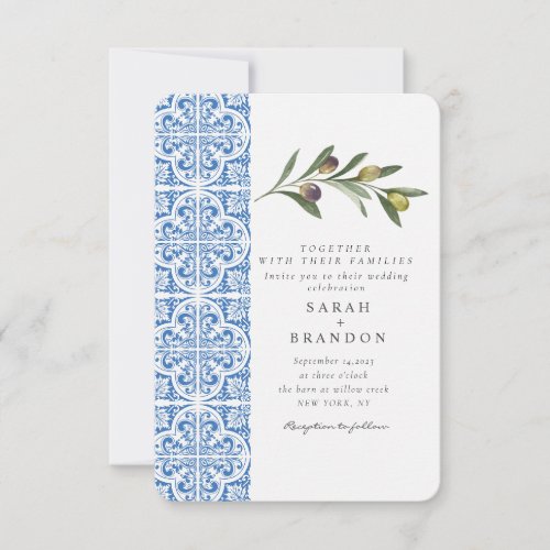 Watercolor Olive Blue tile Mediterranean Wedding Invitation