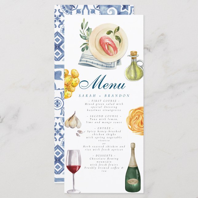 Watercolor Olive Blue tile Mediterranean Wine Menu (Creator Uploaded)