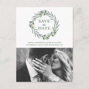 Watercolor olive. Botanical italian Save the Date Postcard