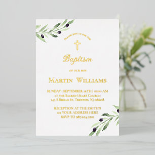 watercolor olive branch Baptism Foil Invitation