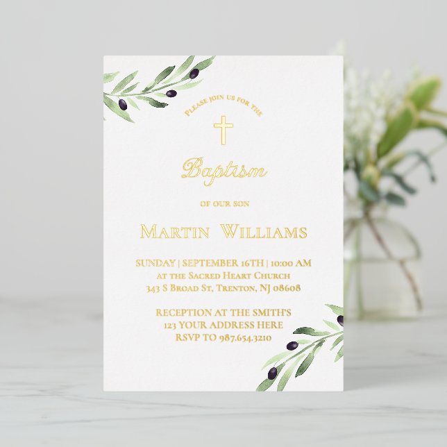 watercolor olive branch Baptism Foil Invitation (Standing Front)