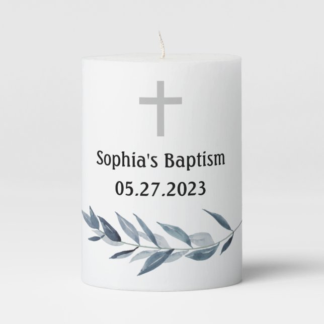 watercolor Olive branch Baptism Pillar Candle (Front)