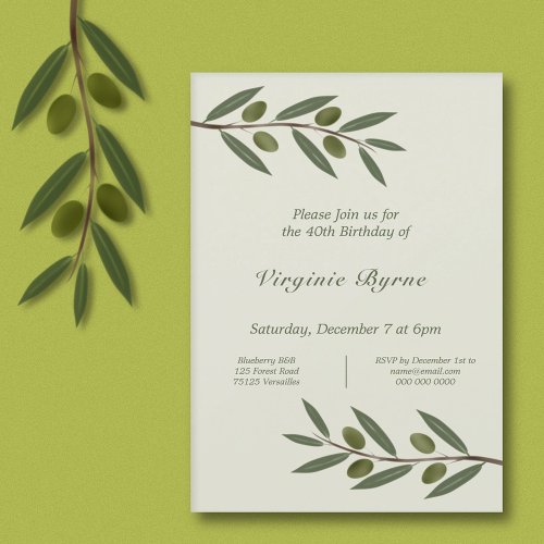 Watercolor Olive Branch Birthday Invitation