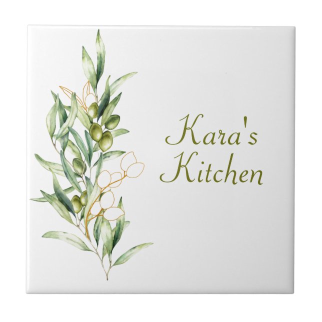 Watercolor Olive Branch Ceramic Tile (Front)