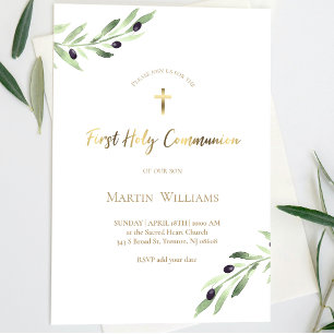 watercolor olive branch   First Communion Invitation
