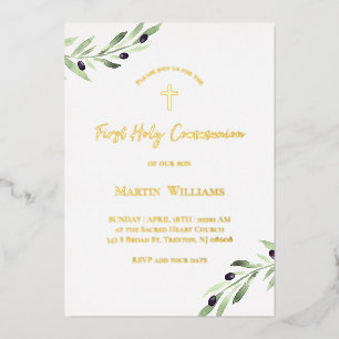 watercolor olive branch First Holy Communion Foil Invitation