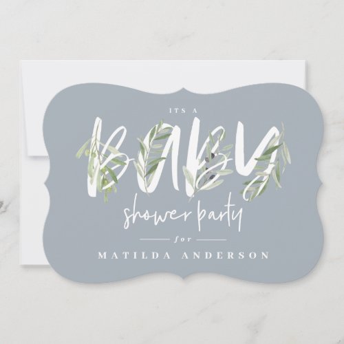 Watercolor olive branch foliage baby shower party announcement