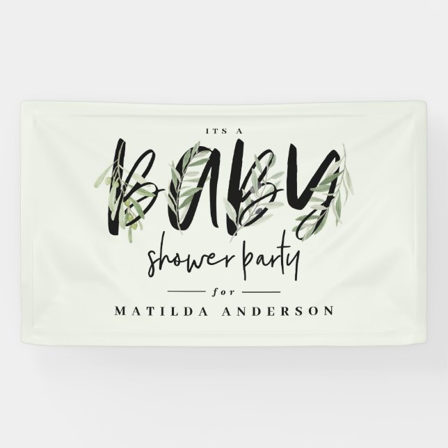 Watercolor olive branch foliage baby shower party banner (Horizontal)