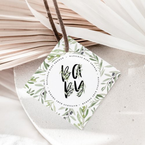 Watercolor olive branch foliage baby shower party favor tags