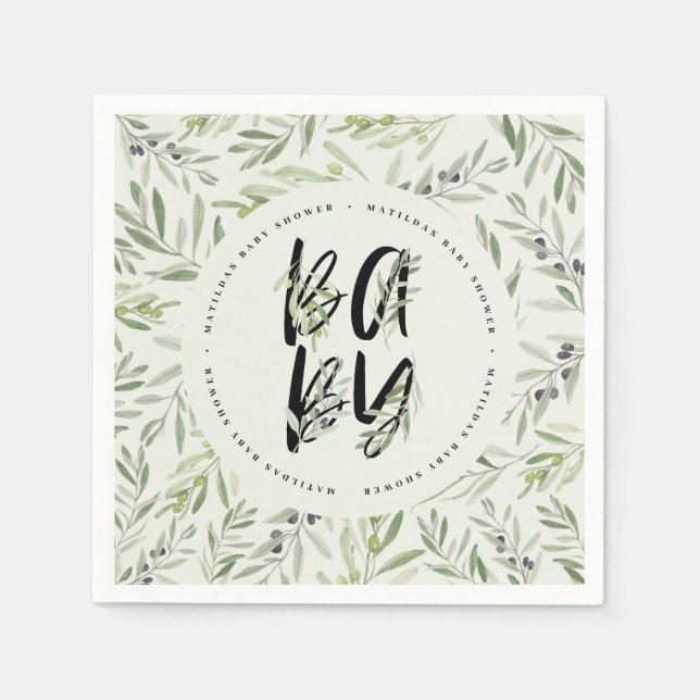 Watercolor olive branch foliage baby shower party napkins (Front)
