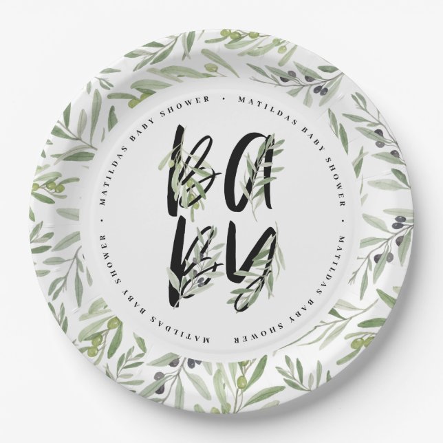 Watercolor olive branch foliage baby shower party paper plates (Front)