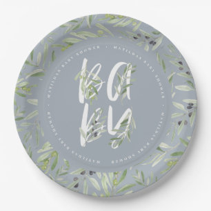 Watercolor olive branch foliage baby shower party paper plates