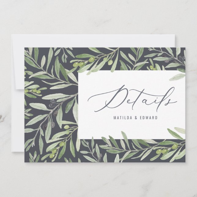 Watercolor olive branch foliage wedding details announcement (Front)