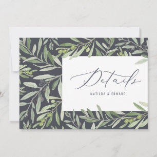 Watercolor olive branch foliage wedding details announcement