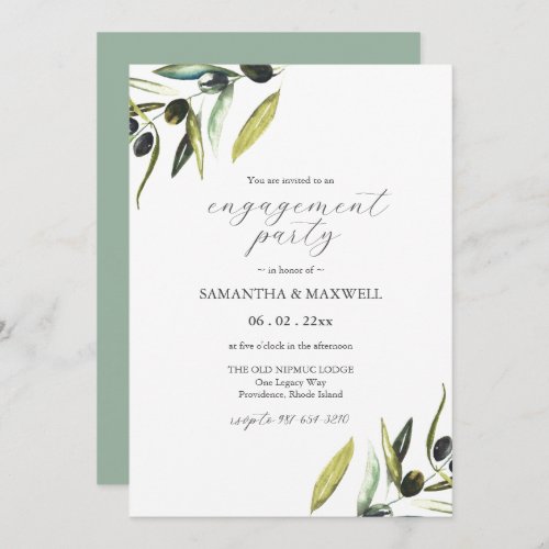 Watercolor Olive Branch Greenery Engagement Party Invitation