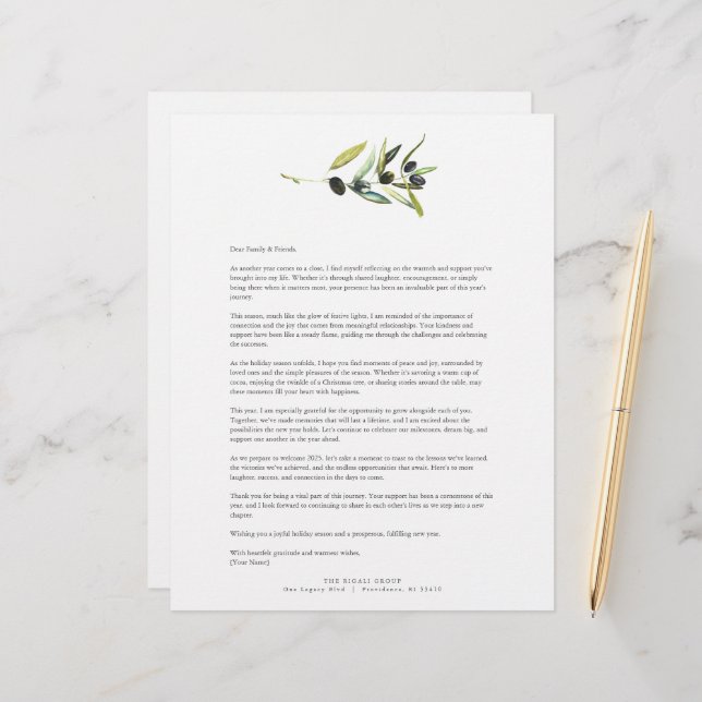 Watercolor Olive Branch Letterhead Template (Front/Back In Situ)
