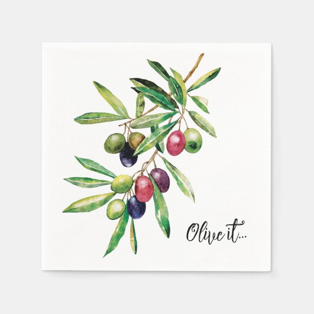 Watercolor Olive Branch Napkins (Front)