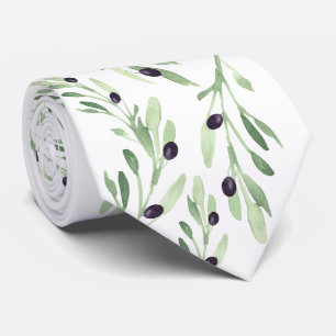 watercolor olive branch pattern neck tie