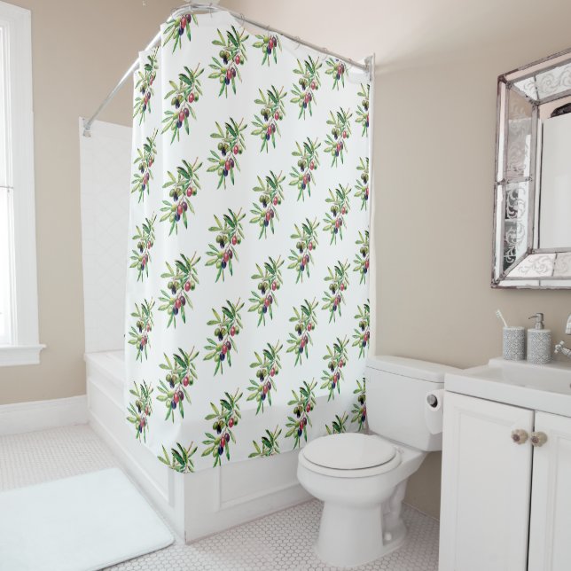 Watercolor Olive Branch Shower Curtain (In Situ)