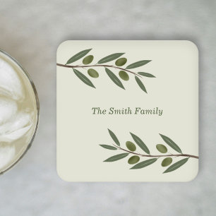 Watercolor Olive Branch Square Paper Coaster