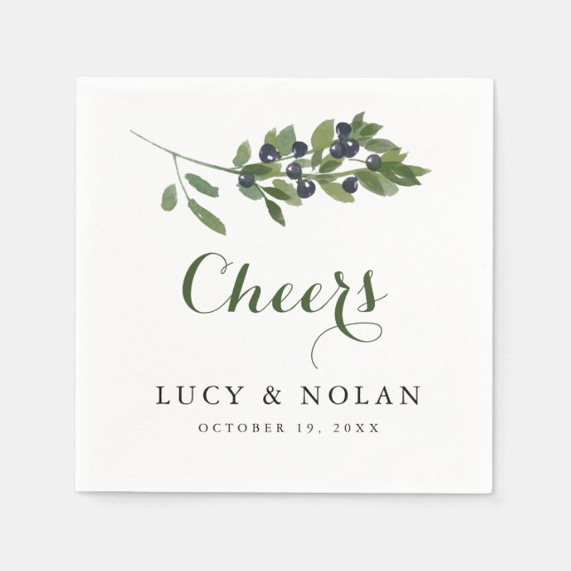 Watercolor Olive Branch | Wedding Cheers! Paper Napkins (Front)