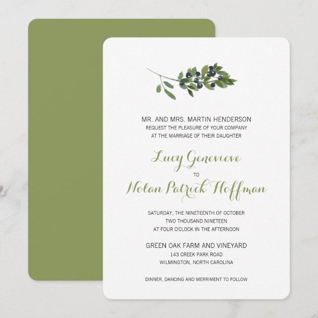 Watercolor Olive Branch | Wedding Invitation (Front/Back)