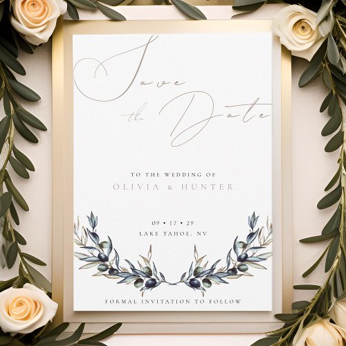 Watercolor Olive Branch Wedding Save the Date Card