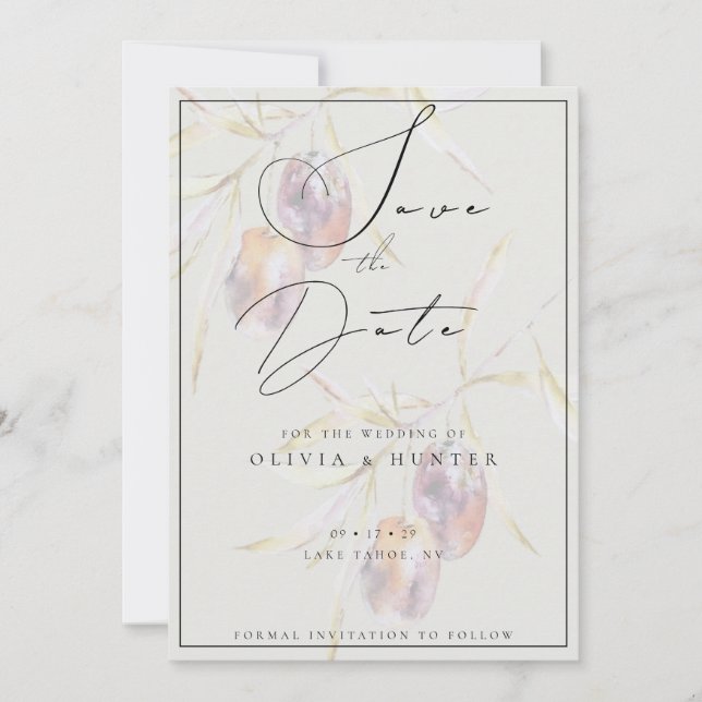 Watercolor Olive Branch Wedding Save the Date Card (Front)