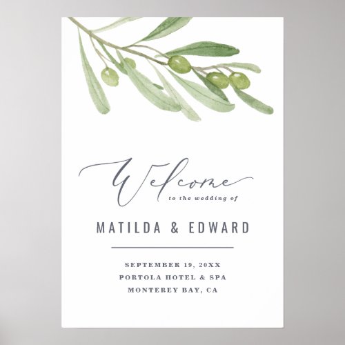 Watercolor olive branch welcome to our wedding poster