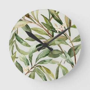 Watercolor Olive Branches Botanical Round Clock