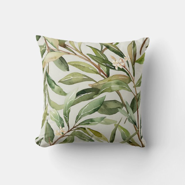 Watercolor Olive Branches Botanical Throw Pillow (Front)