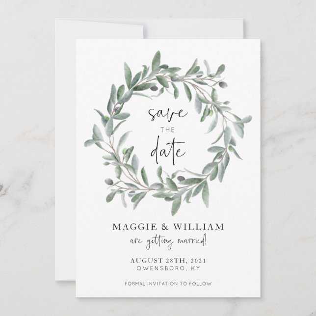 Watercolor Olive Branches Wedding Save The Date (Front)