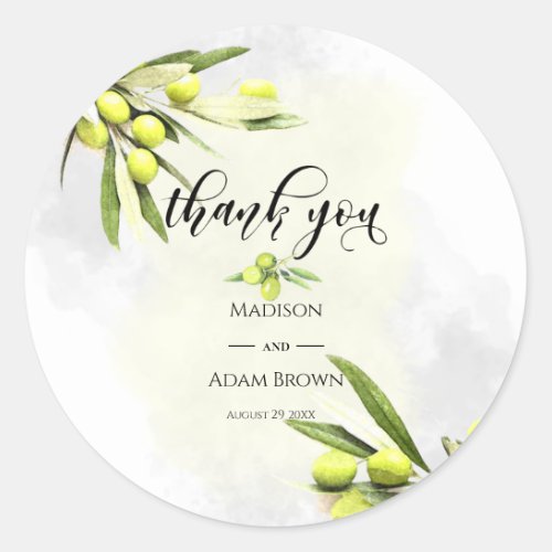 Watercolor Olive Branches Wedding Thank You Classic Round Sticker
