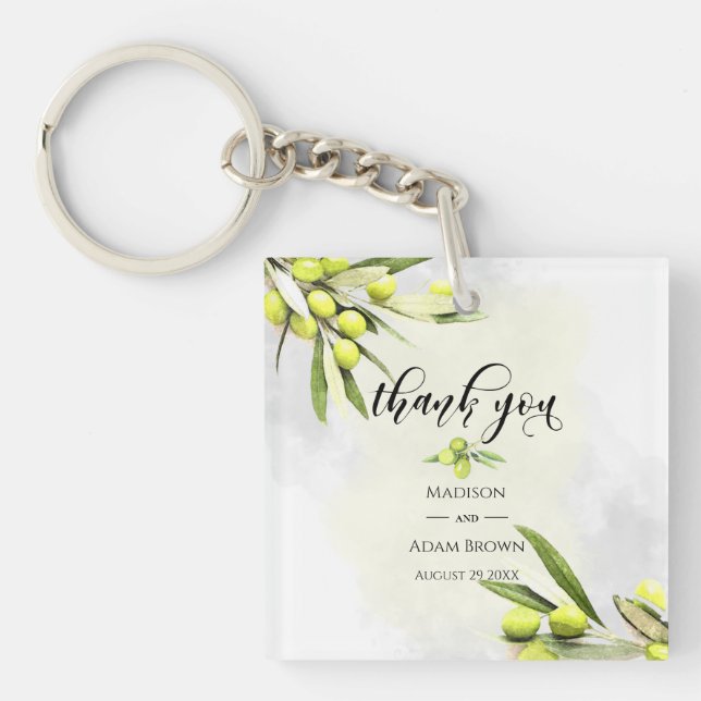 Watercolor Olive Branches Wedding Thank You Keychain (Front)