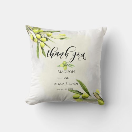 Watercolor Olive Branches Wedding Thank You Throw Pillow