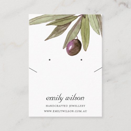 WATERCOLOR OLIVE FOLIAGE EARRING NECKLACE DISPLAY BUSINESS CARD