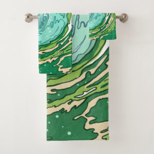 Watercolor Olive Forest Green Teal Sea Waves  Bath Towel Set