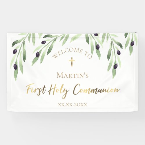 watercolor olive greenery First Holy Communion Banner