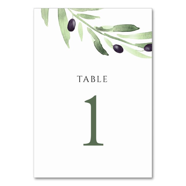 watercolor olive greenery Table Number 1 (Front)