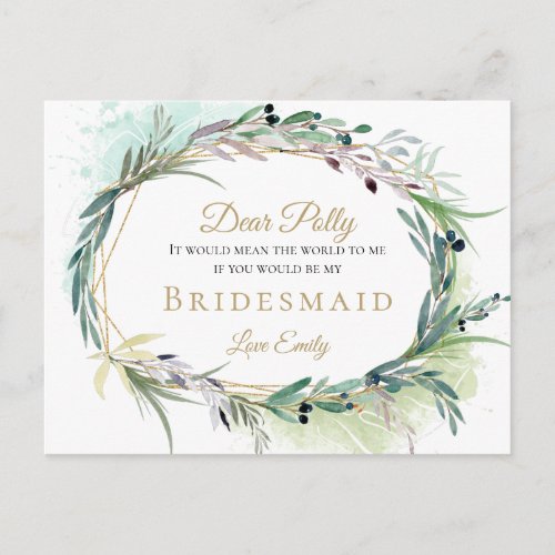 Watercolor Olive Leaf Greenery Bridesmaid Request Postcard