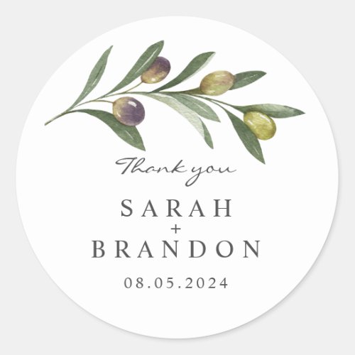 Watercolor Olive Leaf  Summer Wedding Classic Round Sticker