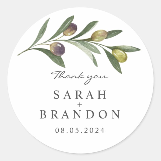 Watercolor Olive Leaf  Summer Wedding Classic Round Sticker (Front)