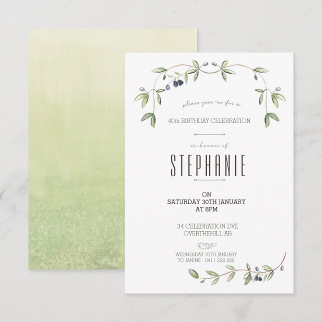Watercolor Olive leaf vine invitation (Front/Back)