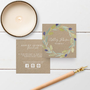 Watercolor Olive Leaf Wreath White Type Kraft Square Business Card