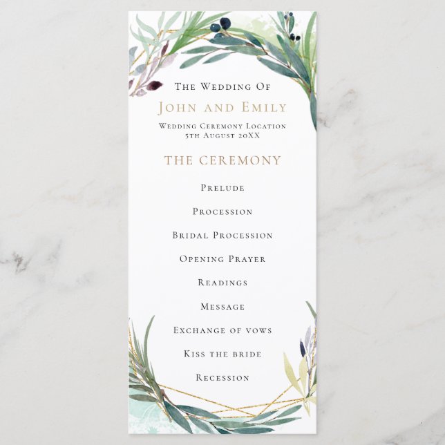 Watercolor Olive Leaves Border Wedding Program (Front)