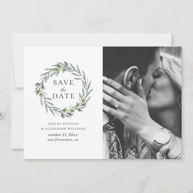 Watercolor olive leaves. Botanical wreath. Italian Save The Date (Front)