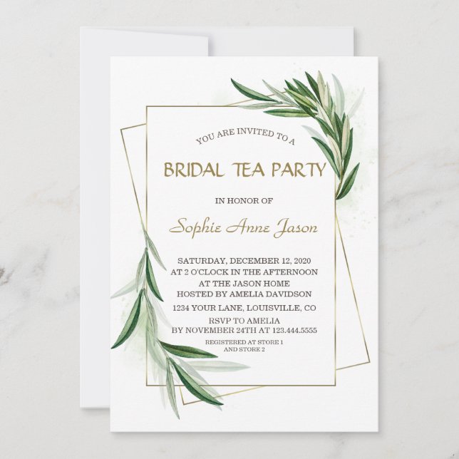 Watercolor Olive Leaves Gold Bridal Tea Party Invitation (Front)