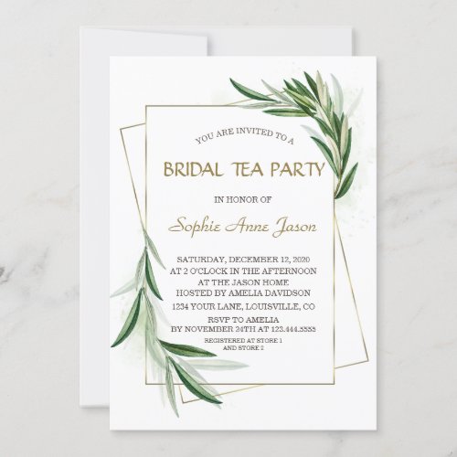 Watercolor Olive Leaves Gold Bridal Tea Party Invitation