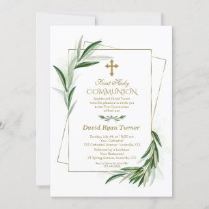 Watercolor Olive Leaves Gold First Holy Communion Invitation