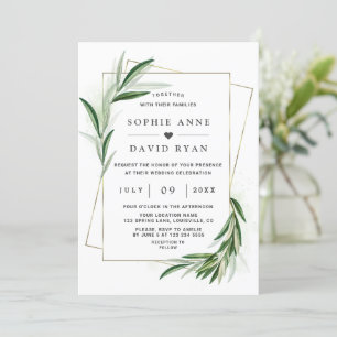Watercolor Olive Leaves Gold Frame Wedding Invitat Invitation